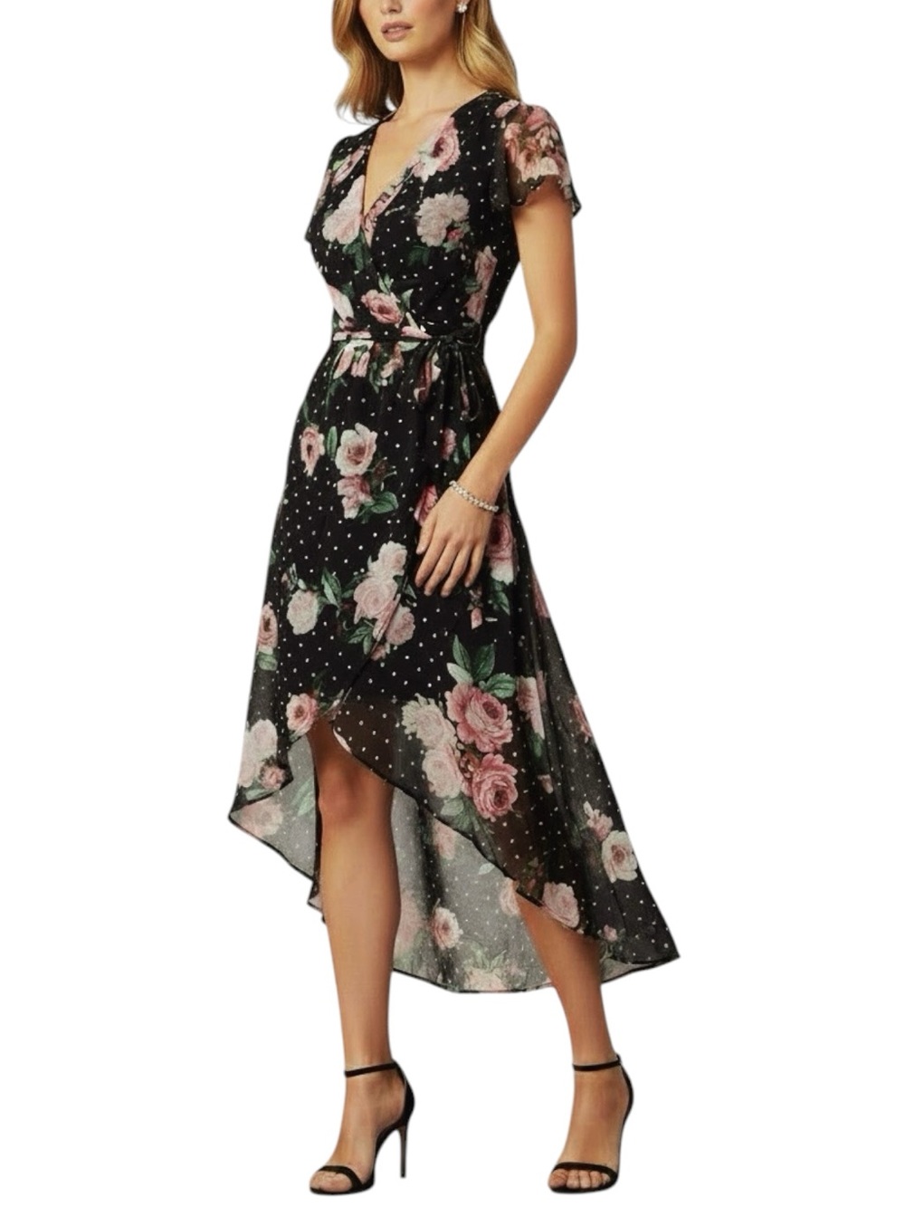 NWT JULIA JORDAN Black Floral Short Sleeve Tie Waist High Low Dress Size 12